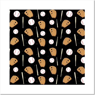 Baseball - Gloves, Balls & Bats on Black Background Seamless Pattern Posters and Art